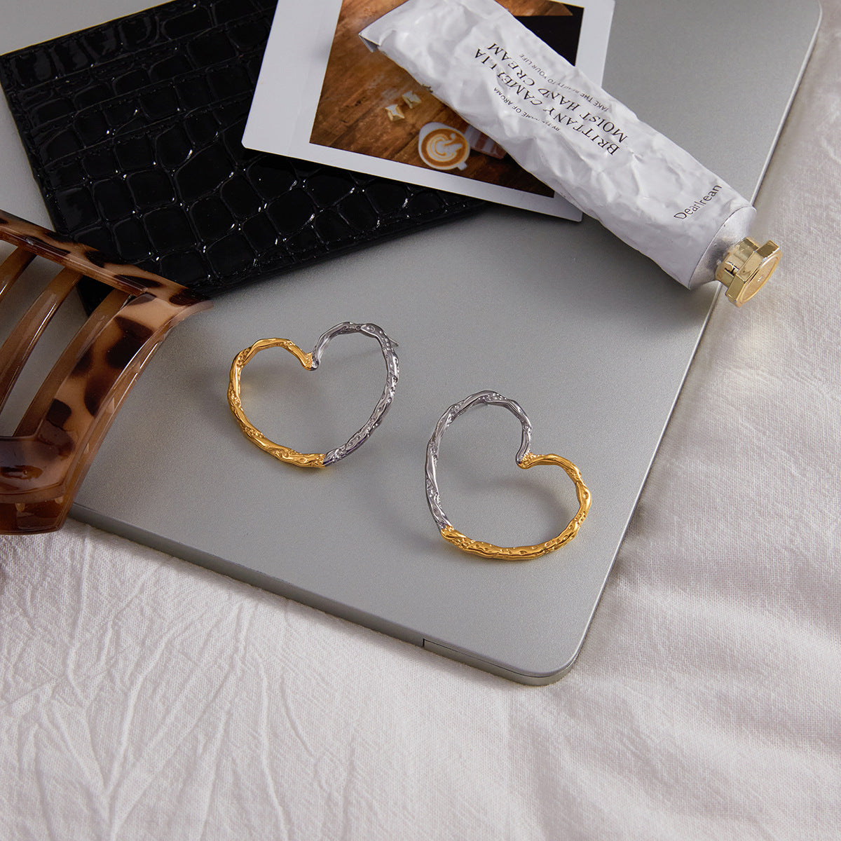 Two-Tone Heart Hoop Earrings | Titanium Steel - Edgy & Romantic Statement Jewelry Aruary Studio ｜ Artisanal Jewelry