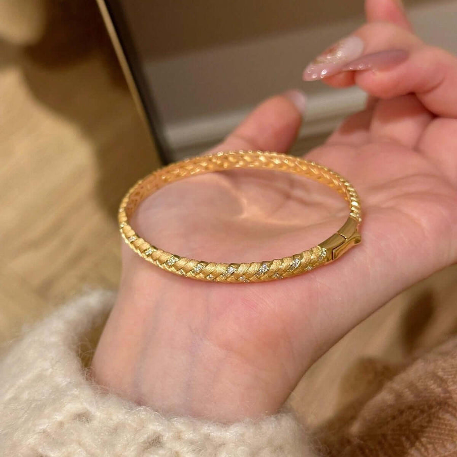 Aruary Studio ｜ Artisanal Jewelry Gold Brushed Wheat Pattern Bangle Bracelet with Cubic Zirconia Accents - Adjustable Nature-Inspired CZ Bracelet