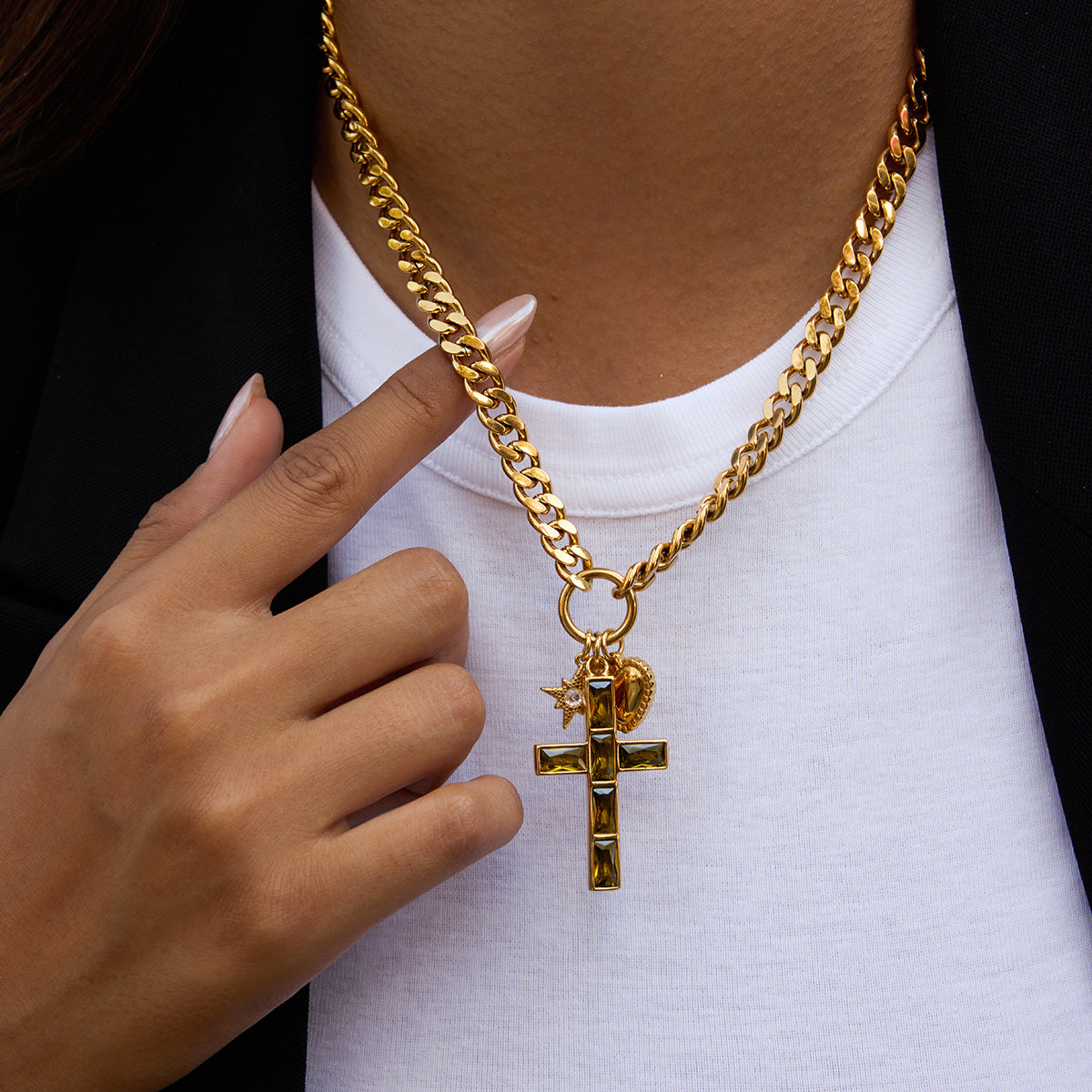 Vintage Cross & Zircon Charm Necklace | Titanium Steel - Edgy Spiritual Statement Jewelry Aruary Studio ｜ Artisanal Jewelry