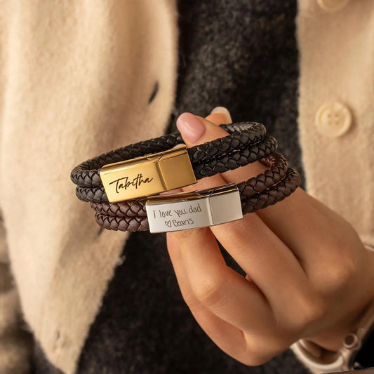 Father's Day Top-Grain Leather Bracelet - Customizable Text