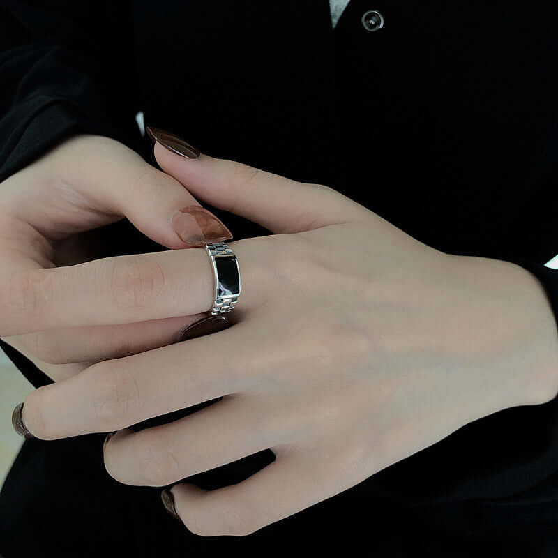 Aruary Studio ｜ Artisanal Jewelry 925 Sterling Silver Checkerboard Pattern Black Inlay Open Ring