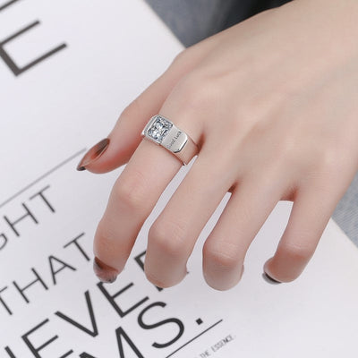 Silver Plated “Good Luck” Engraved Square Cubic Zirconia Statement Ring Aruary Studio ｜ Artisanal Jewelry