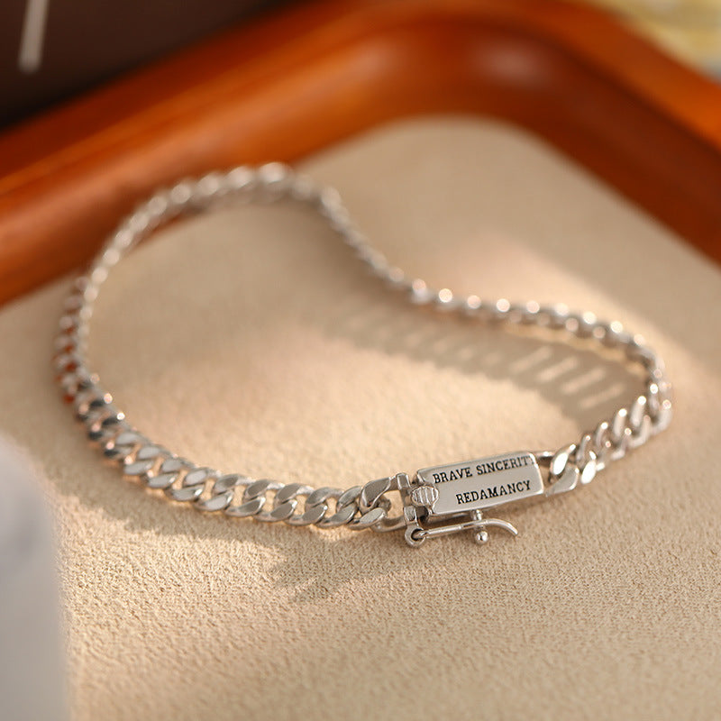 Personalized Square English Cuban Link Bracelet | 925 Sterling Silver Plated White Gold - Adjustable for Couples Aruary Studio ｜ Artisanal Jewelry