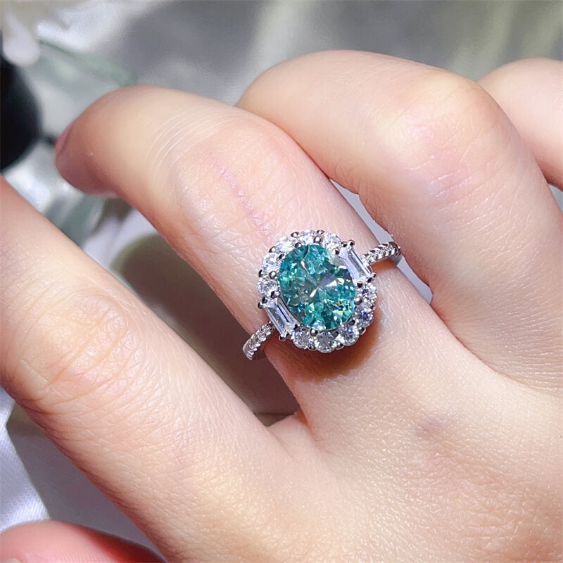 heavy round brilliant cut mint green moissanite statement ring in platinum plated s925 silver with heavy clear cz sunburst halo