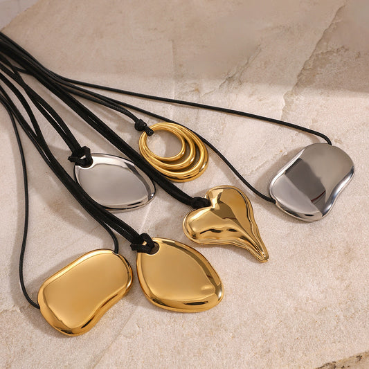 Asymmetric Metal Pendant Leather Necklaces