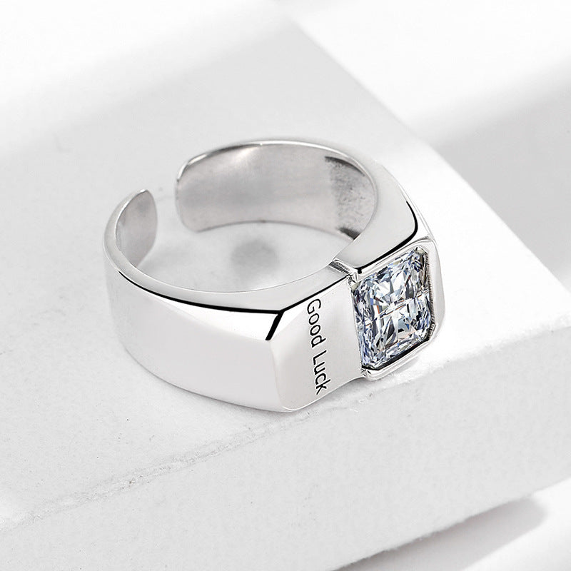 Silver Plated “Good Luck” Engraved Square Cubic Zirconia Statement Ring Aruary Studio ｜ Artisanal Jewelry