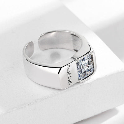 Silver Plated “Good Luck” Engraved Square Cubic Zirconia Statement Ring Aruary Studio ｜ Artisanal Jewelry