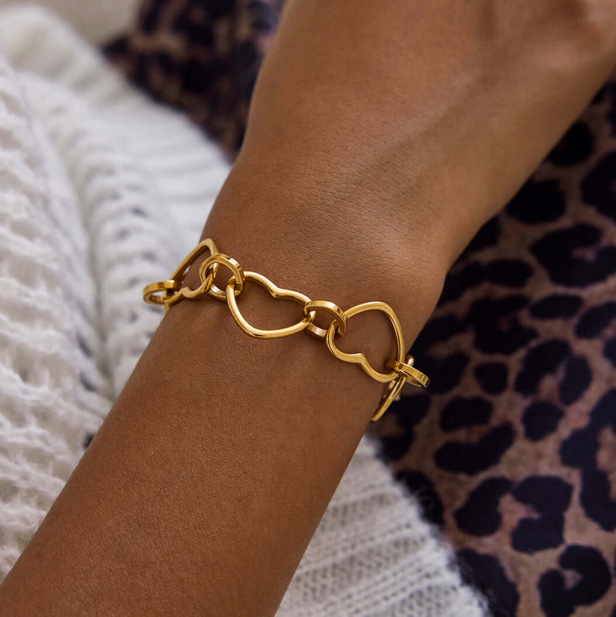 Aruary Studio ｜ Artisanal Jewelry Delicate Gold Heart Link Bracelet | adjustable layered chain bracelet for women, Valentine's day gift for her