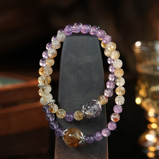Gorgeous Natural Amethyst & Yellow Rutilated Quartz Crystal Bracelet - Stylish Gemstone Jewelry for Elegance & Energy