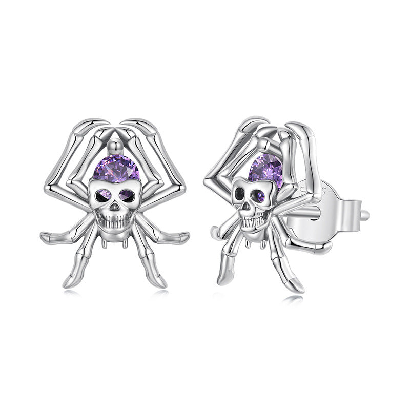 Skull Spider Stud Earrings with Purple Crystal - 925 Sterling Silver Halloween Gothic Jewelry Aruary Studio ｜ Artisanal Jewelry