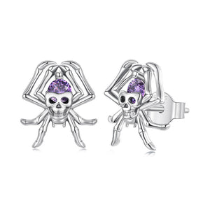 Skull Spider Stud Earrings with Purple Crystal - 925 Sterling Silver Halloween Gothic Jewelry Aruary Studio ｜ Artisanal Jewelry