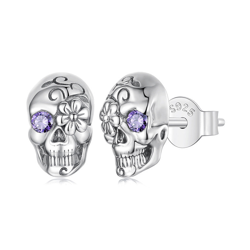 Gothic Floral Skull Stud Earrings with Purple Crystal - 925 Sterling Silver Halloween Jewelry Aruary Studio ｜ Artisanal Jewelry