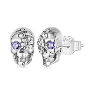 Gothic Floral Skull Stud Earrings with Purple Crystal - 925 Sterling Silver Halloween Jewelry Aruary Studio ｜ Artisanal Jewelry