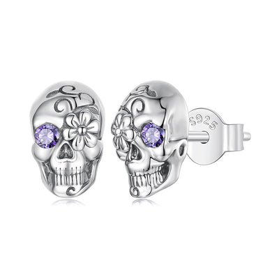 Gothic Floral Skull Stud Earrings with Purple Crystal - 925 Sterling Silver Halloween Jewelry Aruary Studio ｜ Artisanal Jewelry