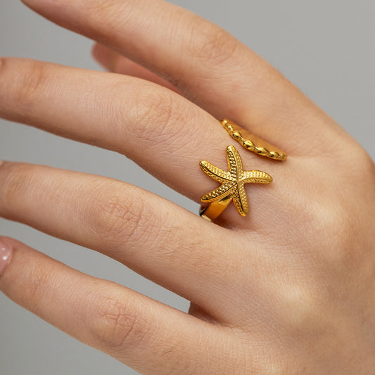 Gold-Tone Beach Vacation Shell & Starfish Open Ring