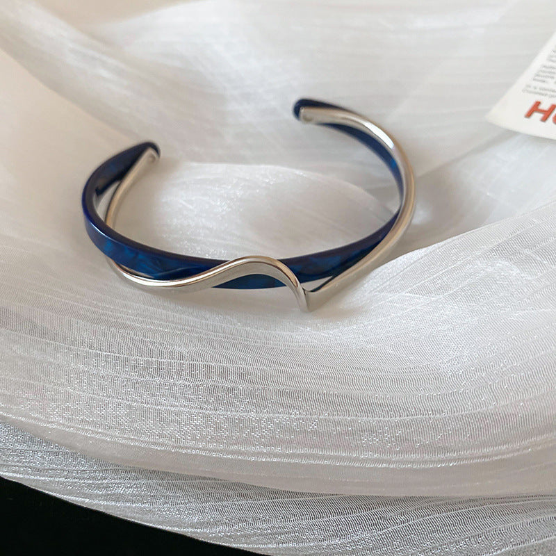 Aruary Studio ｜ Artisanal Jewelry Elegant 18K Gold Plated Geometric Open Bangle ― Modern Minimalist Bracelet for Effortless Layering silvery blue