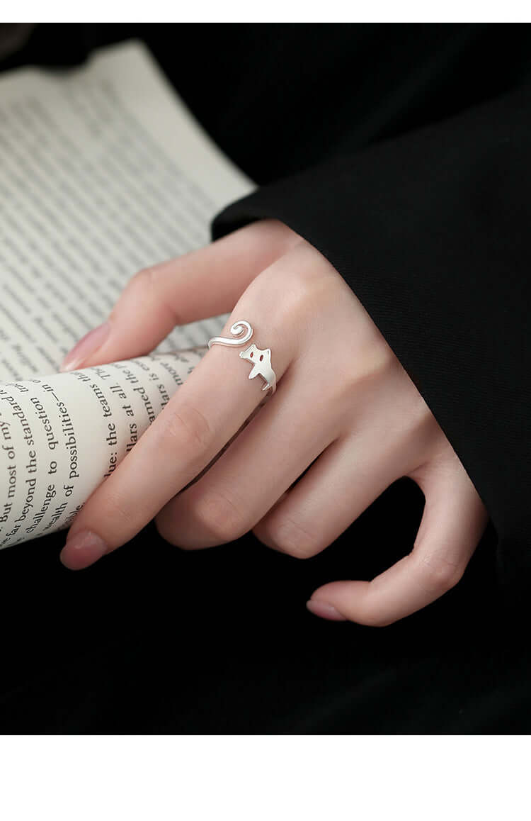 Aruary Studio ｜ Artisanal Jewelry Cute Silver - Plated Cat Open Ring