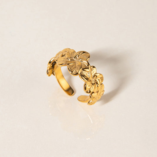 Gold Textured Floral Open Ring