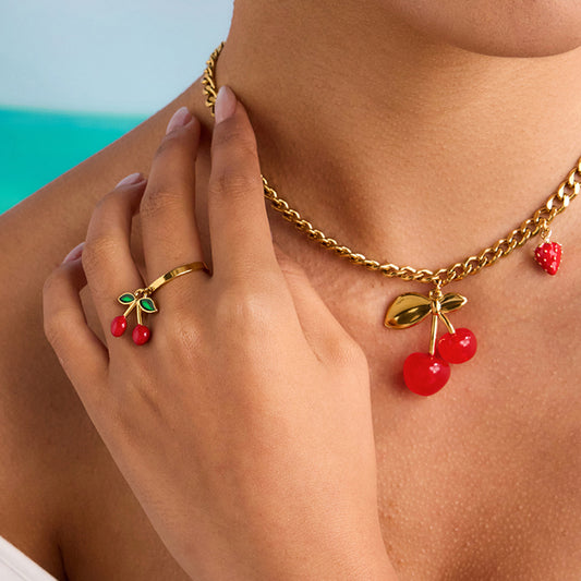 Gold Chunky Chain Cherry & Strawberry Pendant Choker Necklace & Ring