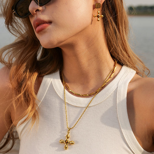 18K Gold-Plated Steel Cross Necklace with Tiger Eye Pendant