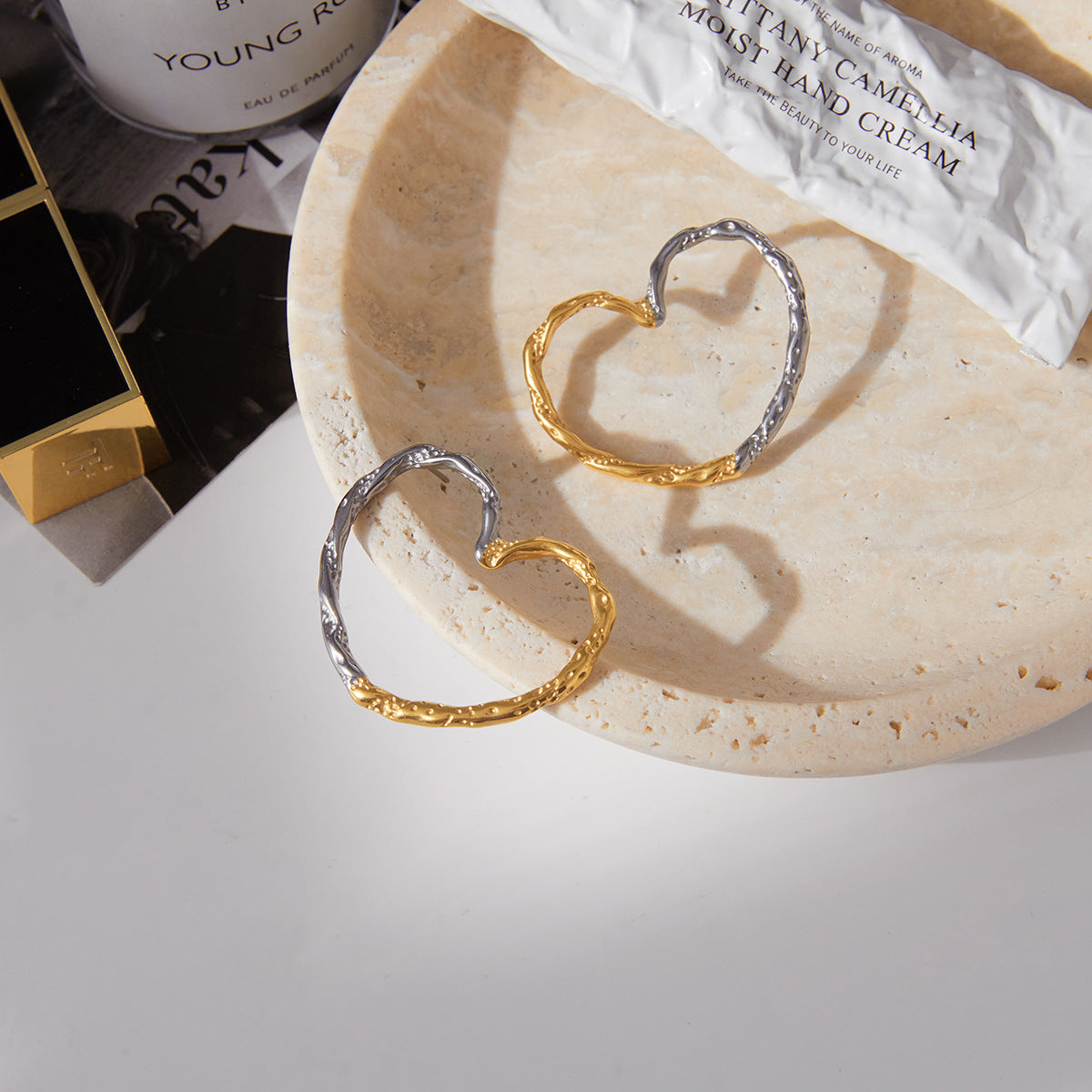 Two-Tone Heart Hoop Earrings | Titanium Steel - Edgy & Romantic Statement Jewelry Aruary Studio ｜ Artisanal Jewelry