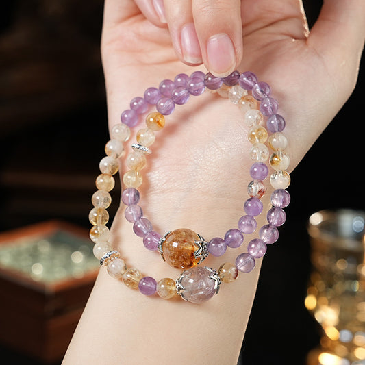 Gorgeous Natural Amethyst & Yellow Rutilated Quartz Crystal Bracelet - Stylish Gemstone Jewelry for Elegance & Energy