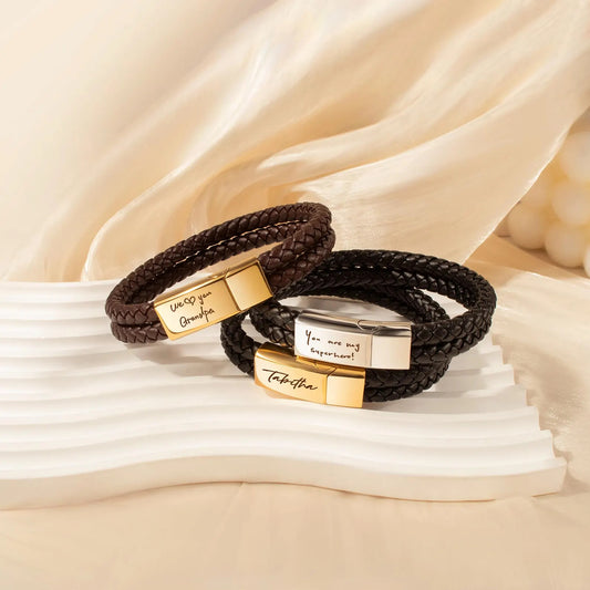 Father's Day Top-Grain Leather Bracelet - Customizable Text