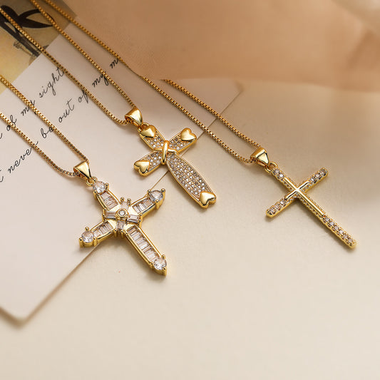 Classic Gold Cubic Zirconia Cross Clavicle Chain