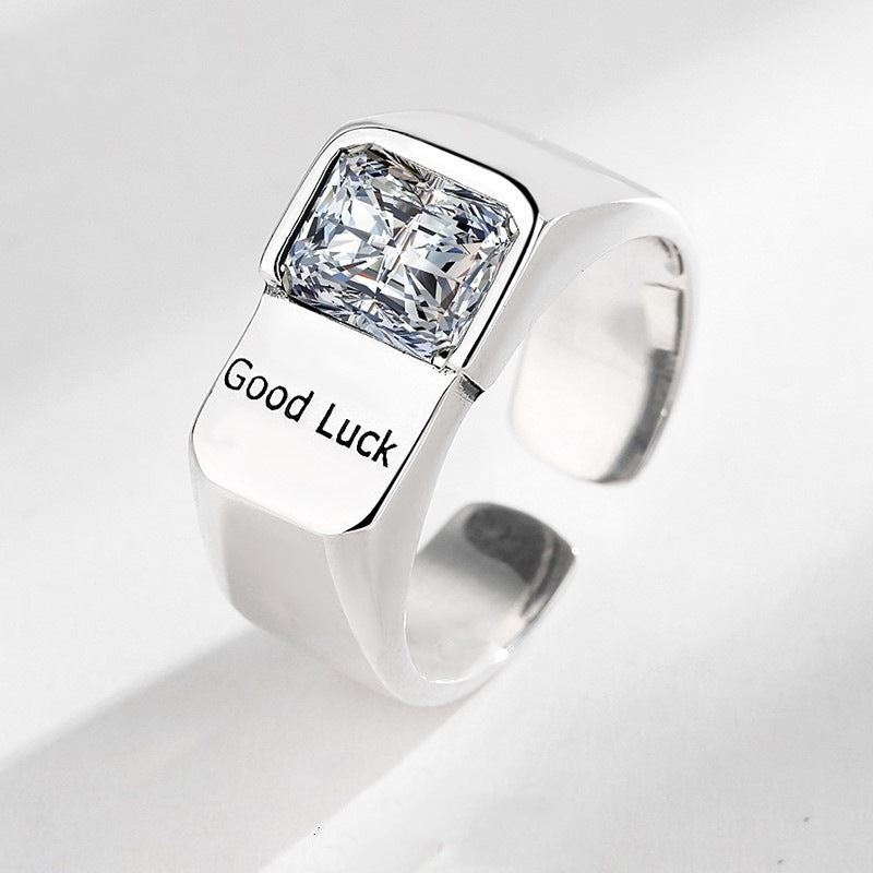 Silver Plated “Good Luck” Engraved Square Cubic Zirconia Statement Ring Aruary Studio ｜ Artisanal Jewelry