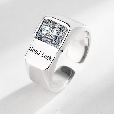 Silver Plated “Good Luck” Engraved Square Cubic Zirconia Statement Ring Aruary Studio ｜ Artisanal Jewelry