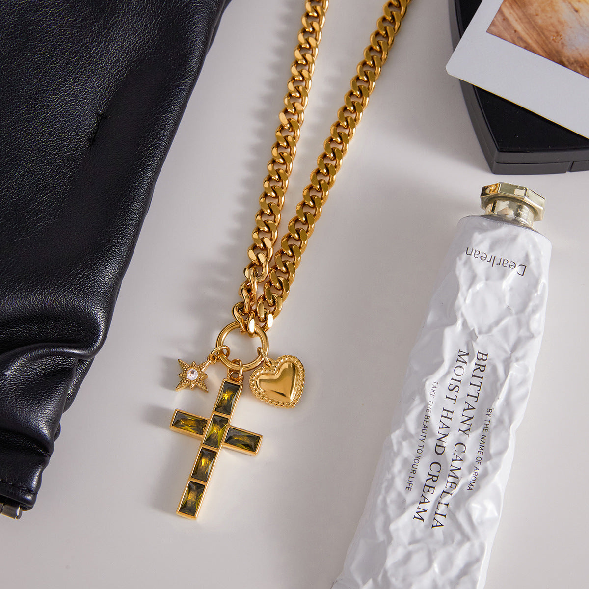 Vintage Cross & Zircon Charm Necklace | Titanium Steel - Edgy Spiritual Statement Jewelry Aruary Studio ｜ Artisanal Jewelry