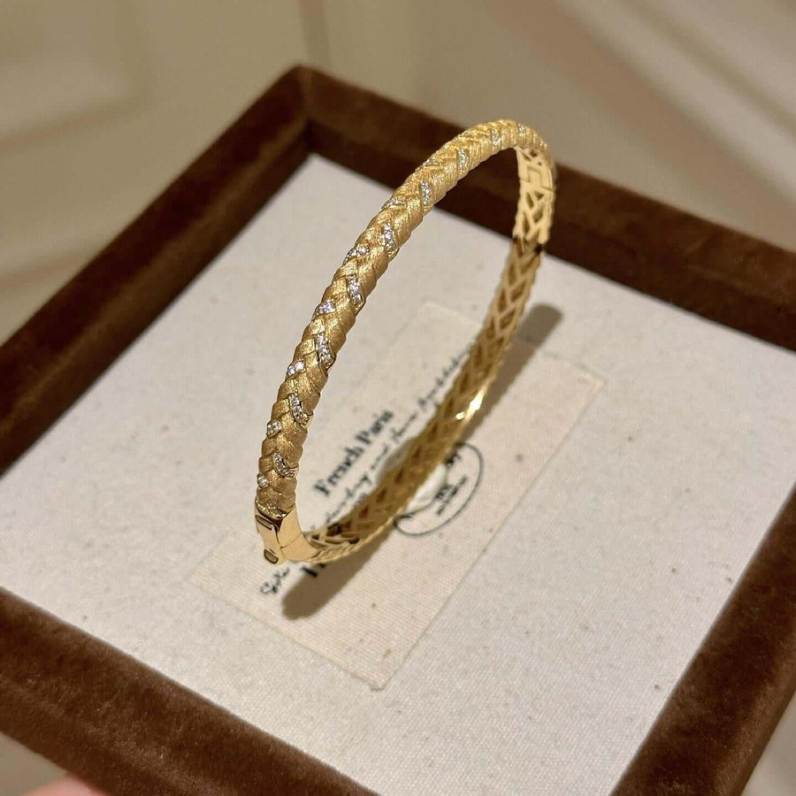 Aruary Studio ｜ Artisanal Jewelry Gold Brushed Wheat Pattern Bangle Bracelet with Cubic Zirconia Accents - Adjustable Nature-Inspired CZ Bracelet