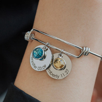 Personalized Birthstone Titanium Steel Disc Bangle | Custom Name & Birthday - A Timeless Token of Love & Memories Aruary Studio ｜ Artisanal Jewelry