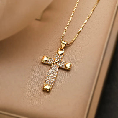 Minimalist 18K Gold Cross Pendant Necklace - Cubic Zirconia Titanium Steel Chain Aruary Studio ｜ Artisanal Jewelry
