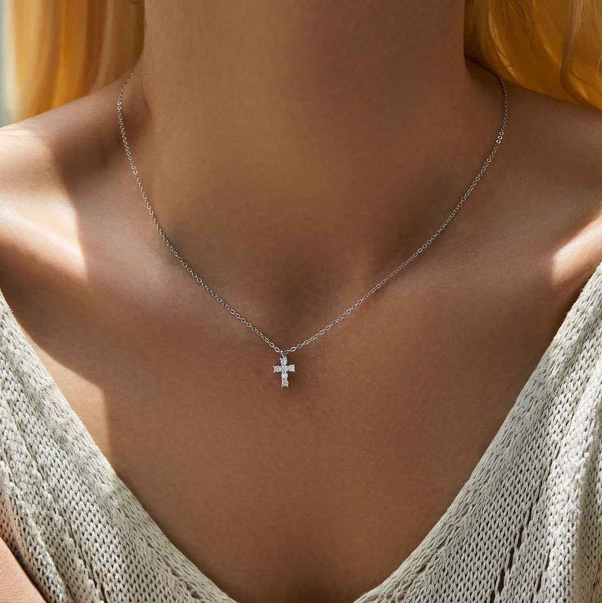 micro cross pendant necklace in platinum plated s925 silver with six claw set 0.03ct round brilliant moissanite stones