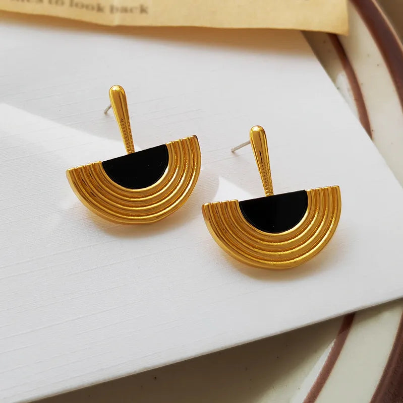18K Gold Plated Geometric Drop Earrings - Semi-Circular Modern Dangle Earrings with Black Accents Aruary Studio ｜ Artisanal Jewelry
