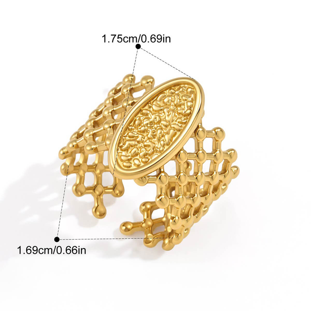 Individual molten lava textured oval signet open-ended mesh ring in gold and silver titanium steel, artfully engineered for a snag-free fit.