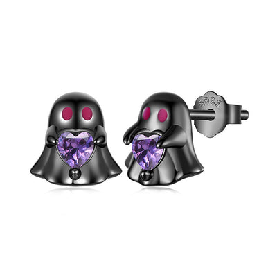 Cute Ghost Stud Earrings with Purple Heart CZ - 925 Sterling Silver Halloween Spooky Jewelry Aruary Studio ｜ Artisanal Jewelry
