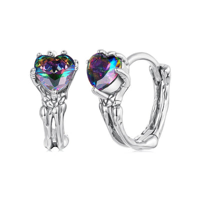 Skeleton Hands Rainbow Heart Crystal Hoop Earrings - 925 Sterling Silver Halloween Gothic Dangle Earrings Aruary Studio ｜ Artisanal Jewelry