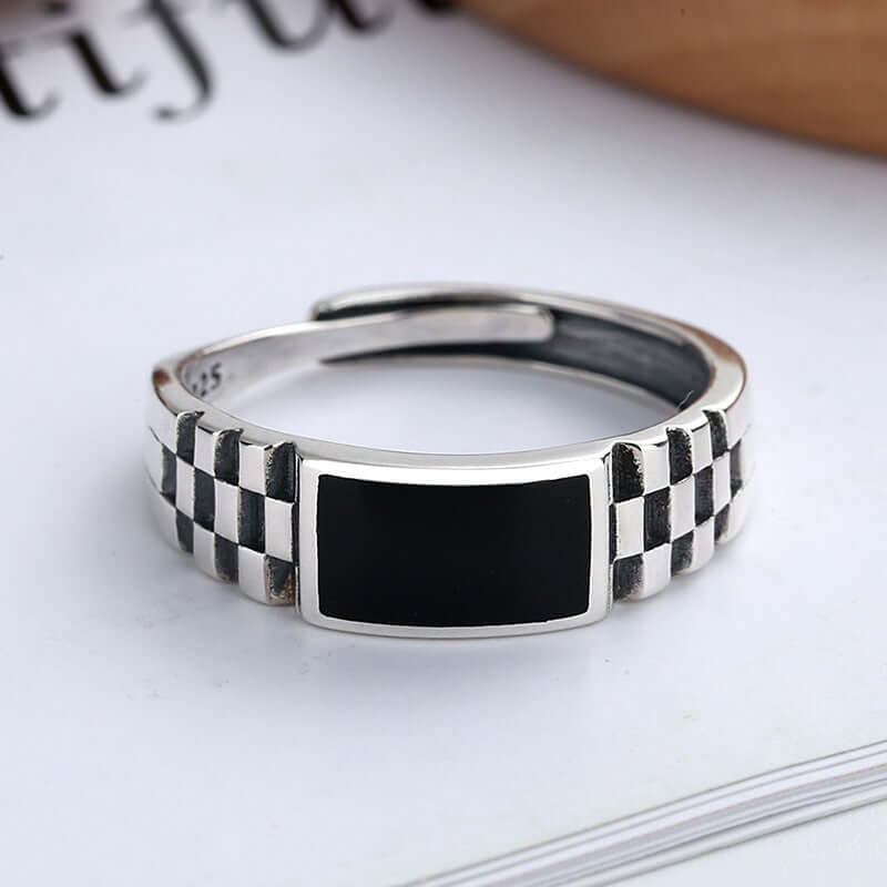Aruary Studio ｜ Artisanal Jewelry 925 Sterling Silver Checkerboard Pattern Black Inlay Open Ring