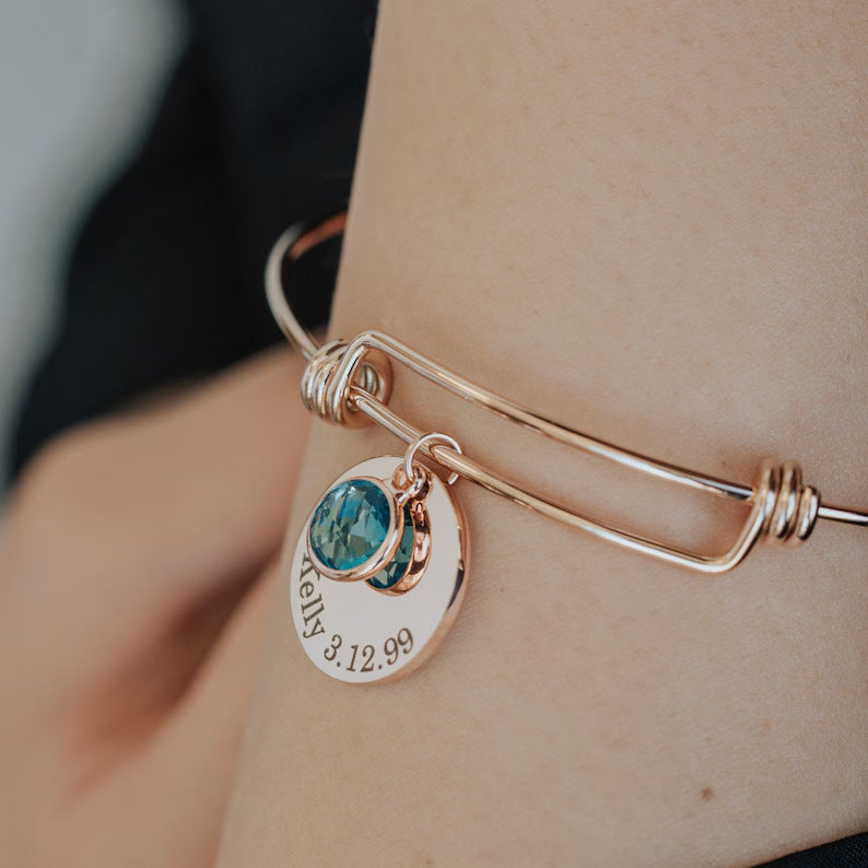 Personalized Birthstone Titanium Steel Disc Bangle | Custom Name & Birthday - A Timeless Token of Love & Memories Aruary Studio ｜ Artisanal Jewelry