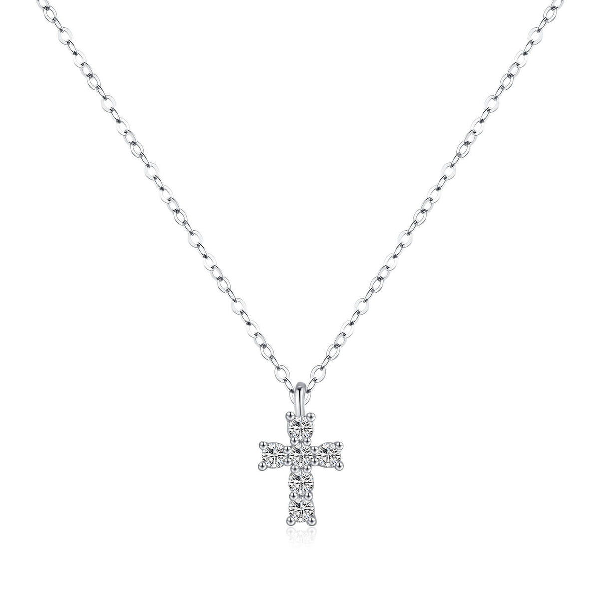 micro cross pendant necklace in platinum plated s925 silver with six claw set 0.03ct round brilliant moissanite stones