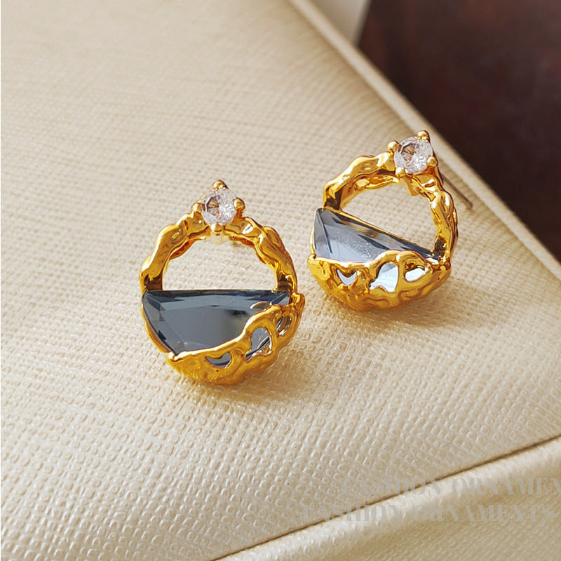 18K Gold Plated Silver Needle Stud Earrings with High-Quality Diamond and Glass Accents Aruary Studio ｜ Artisanal Jewelry