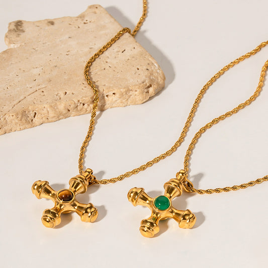 18K Gold-Plated Steel Cross Necklace with Tiger Eye Pendant