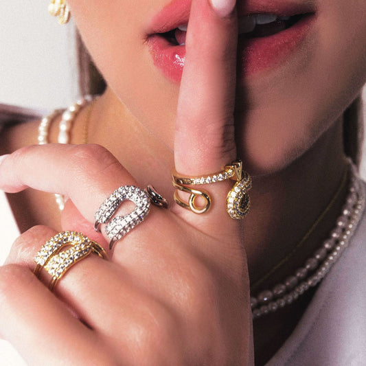 Crystal Rhinestone Paperclip-Shaped Titanium Steel Gold-Plated Ring