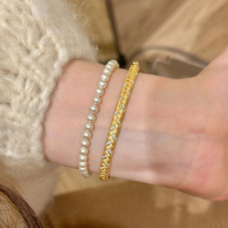 Aruary Studio ｜ Artisanal Jewelry Gold Brushed Wheat Pattern Bangle Bracelet with Cubic Zirconia Accents - Adjustable Nature-Inspired CZ Bracelet