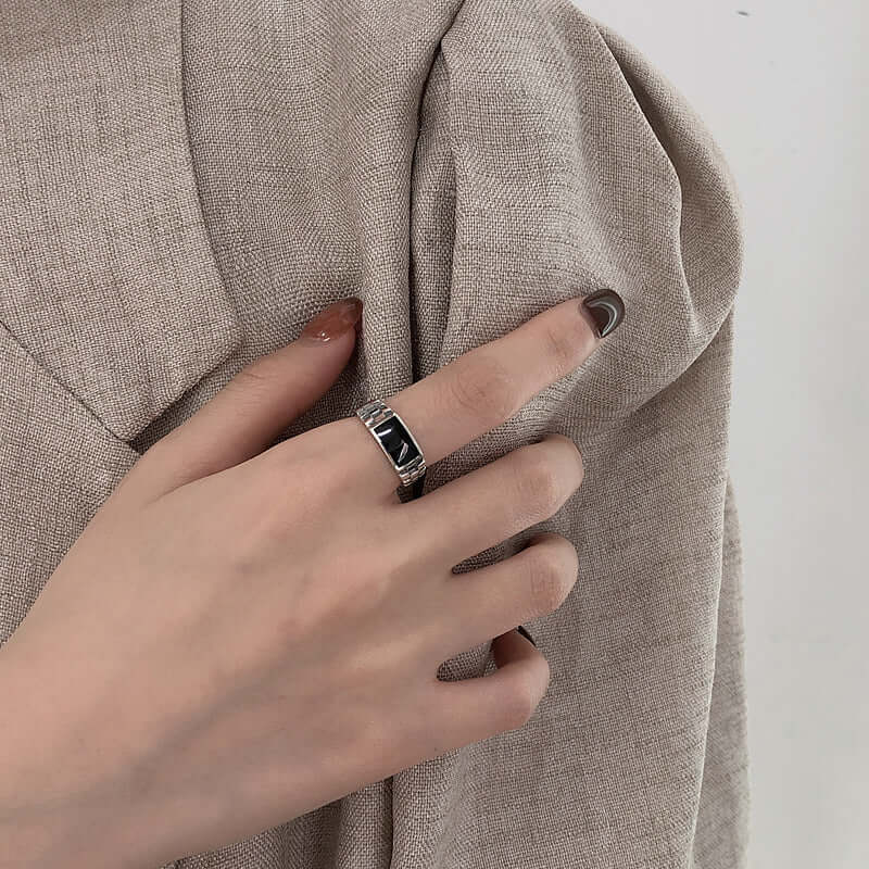 Aruary Studio ｜ Artisanal Jewelry 925 Sterling Silver Checkerboard Pattern Black Inlay Open Ring