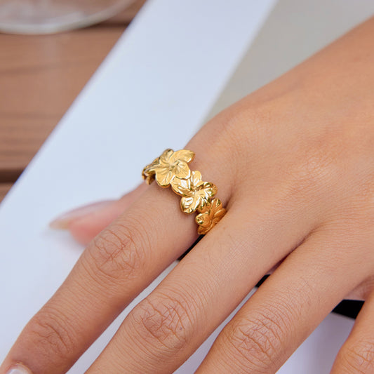 Gold Textured Floral Open Ring
