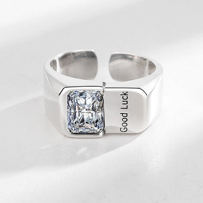 Silver Plated “Good Luck” Engraved Square Cubic Zirconia Statement Ring Aruary Studio ｜ Artisanal Jewelry