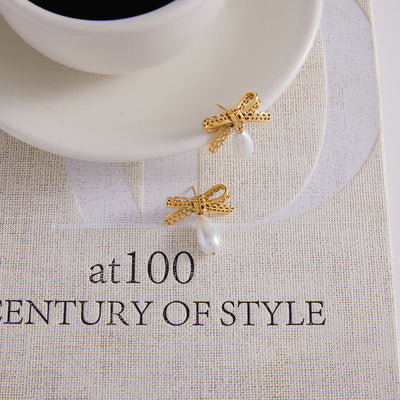 Vintage Lace Bow & Pearl Drop Earrings | Titanium Steel Gold-Plated + Faux Pearl - Romantic Retro Statement Aruary Studio ｜ Artisanal Jewelry